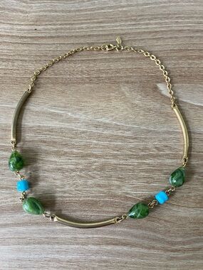 Sarah Coventry Vintage Gold-Tone Necklace with Green Marbled and Turquoise Beads